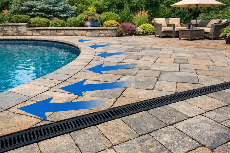 Pool patio design showing proper drainage slope preventing slippery wet stone surfaces.