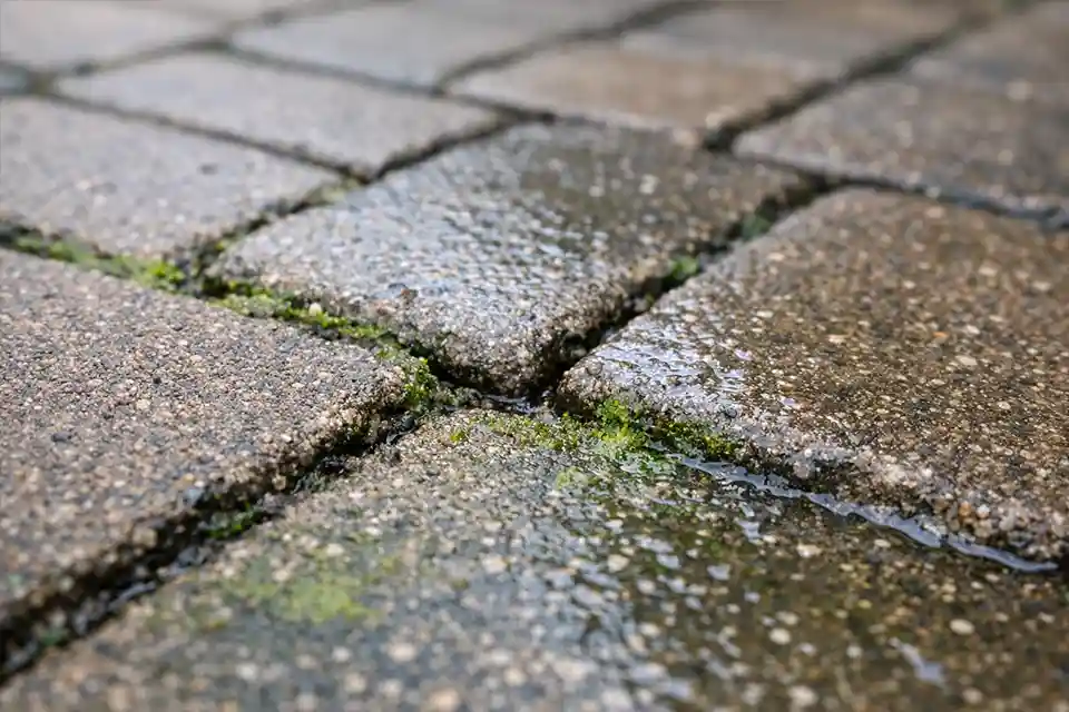 Algae buildup and worn joint sand causing slippery driveway pavers.