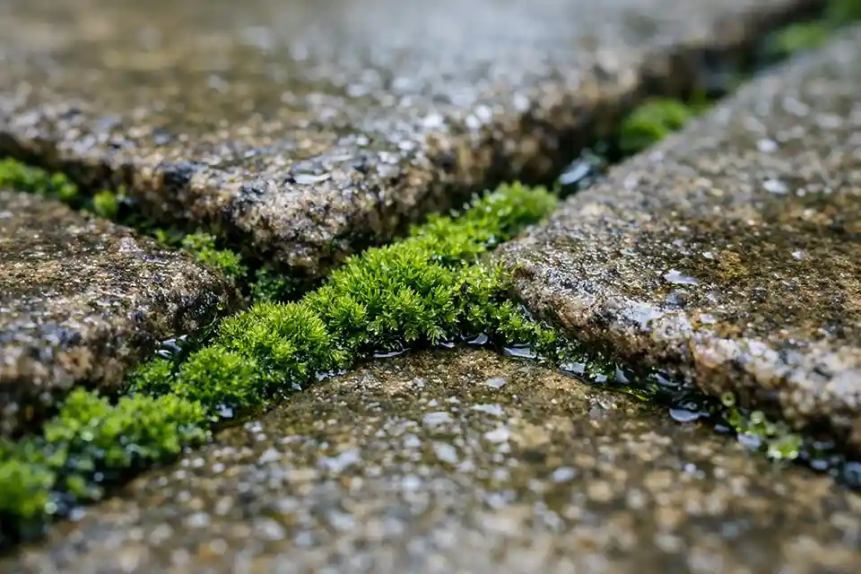 Moss and algae growing between patio stones due to prolonged moisture exposure.