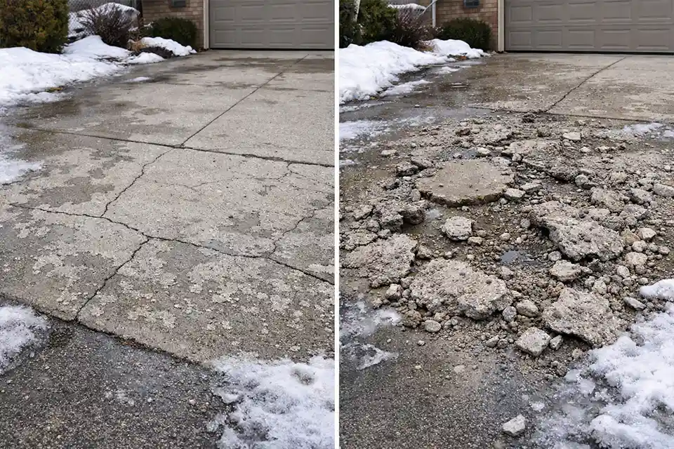 Comparison showing early scaling and severe spalling caused by freeze–thaw damage on a driveway.