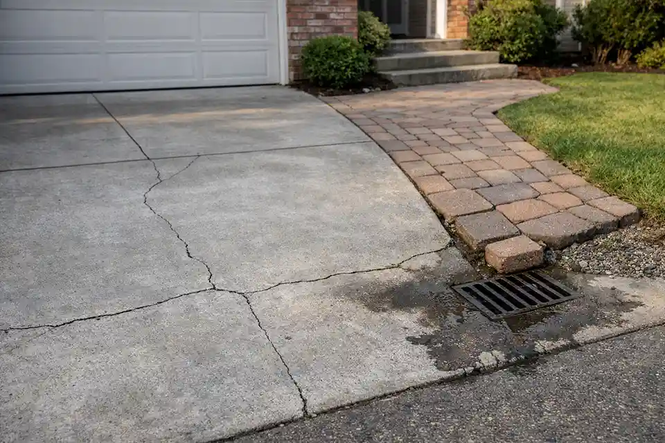 Outdoor driveway and walkway showing early surface deterioration such as cracks, paver movement, and moisture staining.