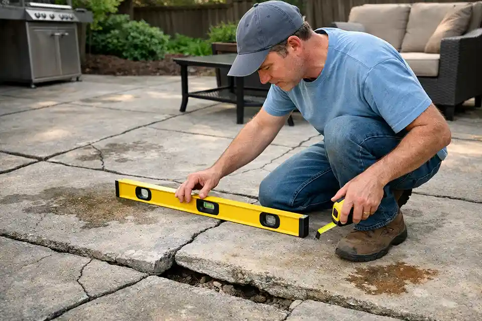 Homeowner inspecting patio cracks and uneven slabs to determine cosmetic versus structural surface damage.
