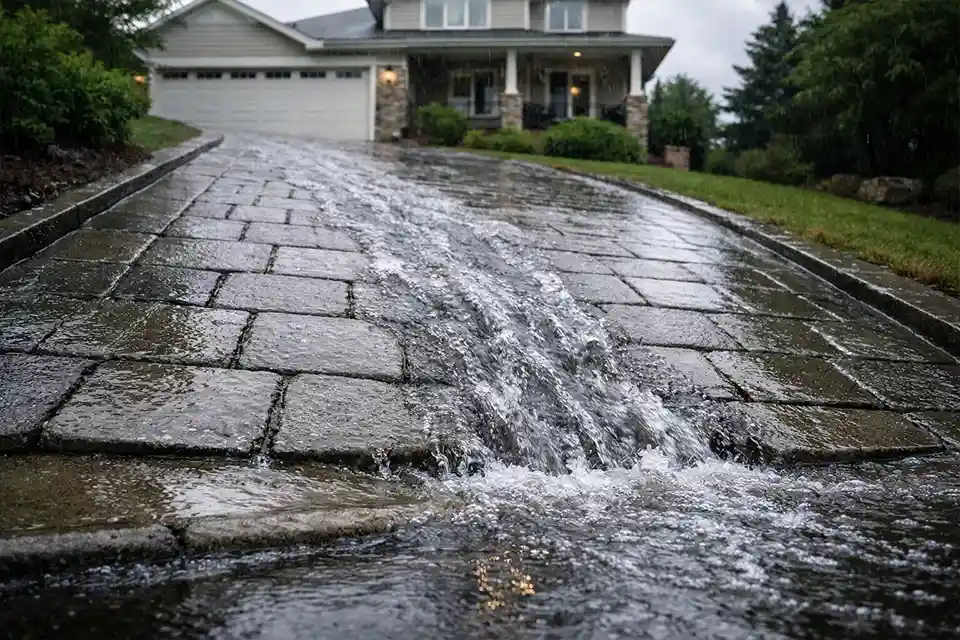 Rainwater flowing down a steep paver driveway increasing slip risk for vehicles and pedestrians.