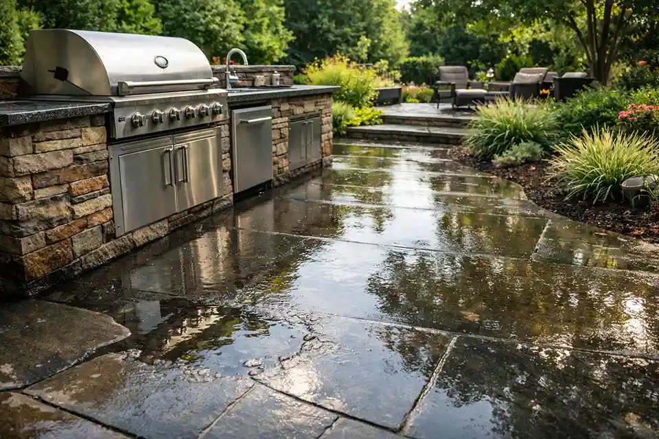 Water pooling on polished stone walkway near an outdoor kitchen grill area.
