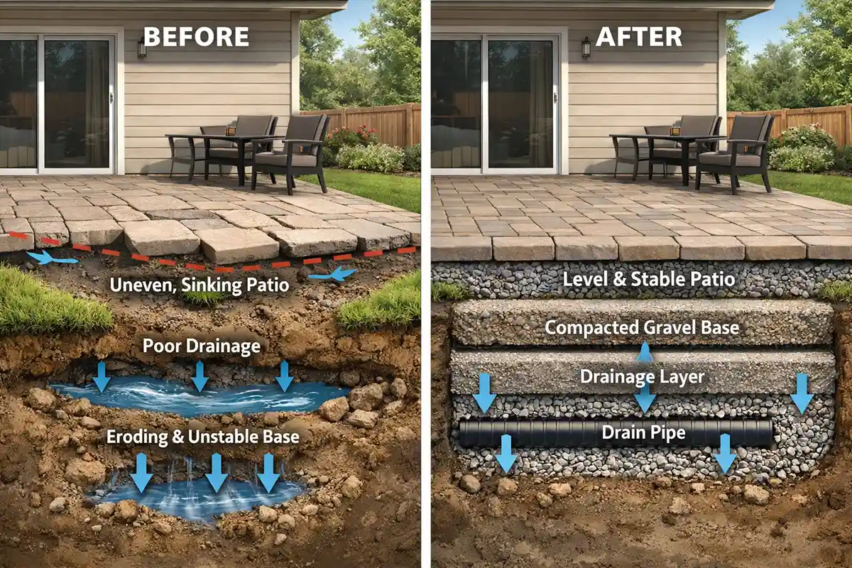 Before and after comparison showing stabilization of uneven patio surfaces on a sloped yard after drainage improvement and base repair.