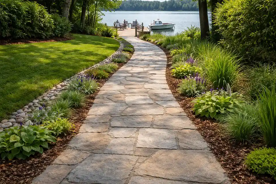 Dockside stone path improved with drainage fixes to reduce algae and slipping risk