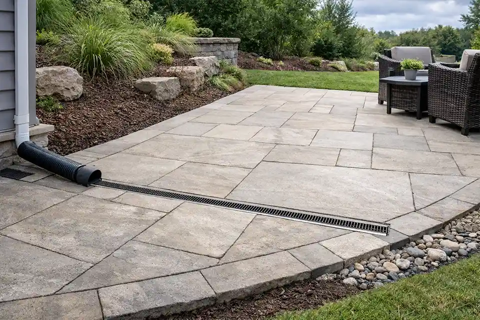 Drainage improvements reducing runoff across a sloped patio