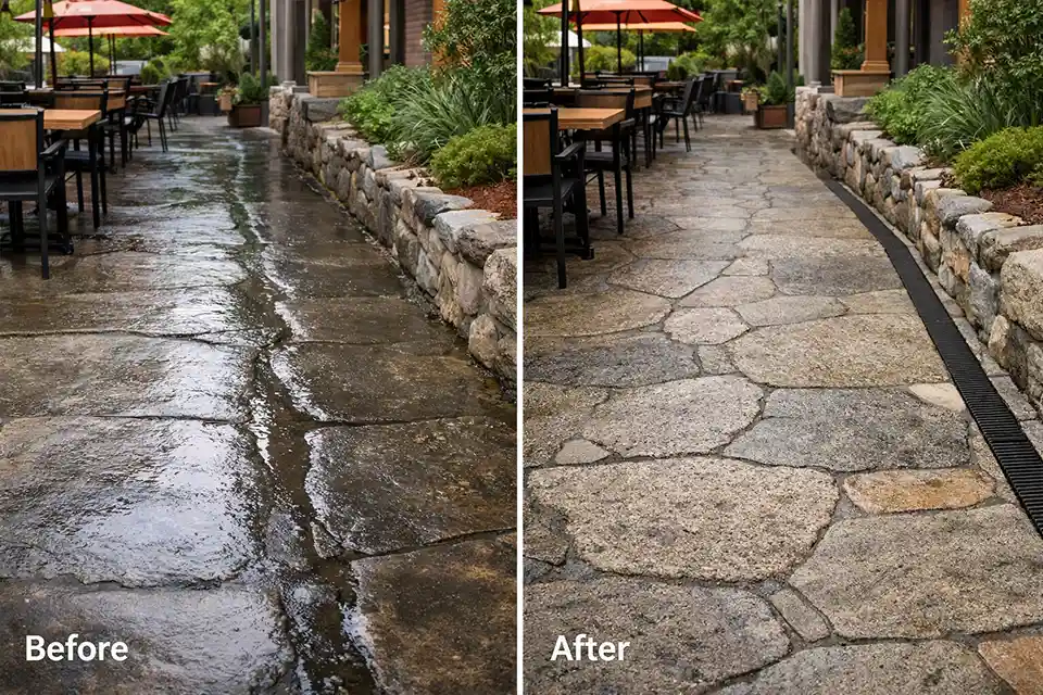 Before and after view of a restaurant patio showing worn slick stone replaced or restored for better traction