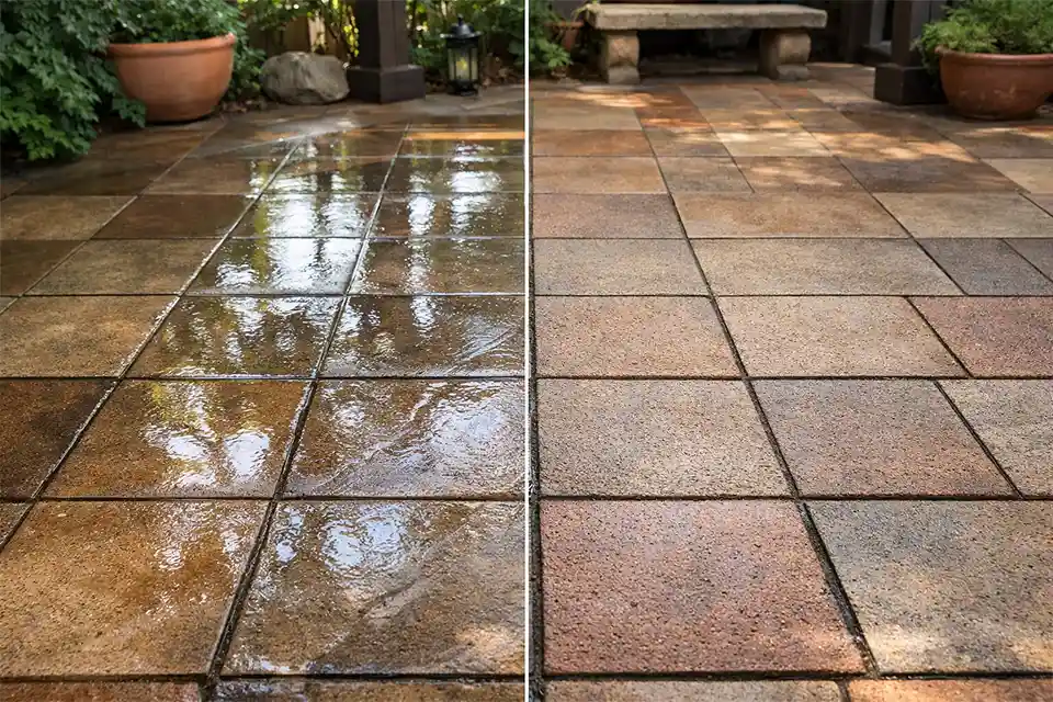Before and after view of decorative courtyard tiles with slippery post-wash film and improved surface traction