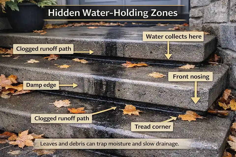 Outdoor entry steps with overlay showing damp corners and front tread edges where wet leaves trap water
