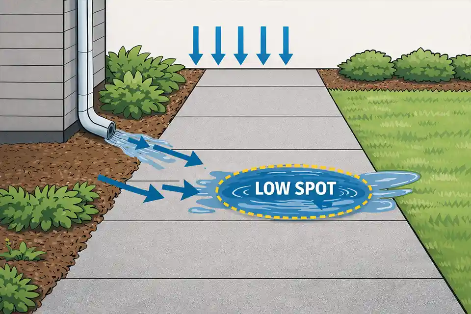 Diagram showing runoff from a downspout and planting bed crossing a residential walkway and collecting in a slippery low spot.