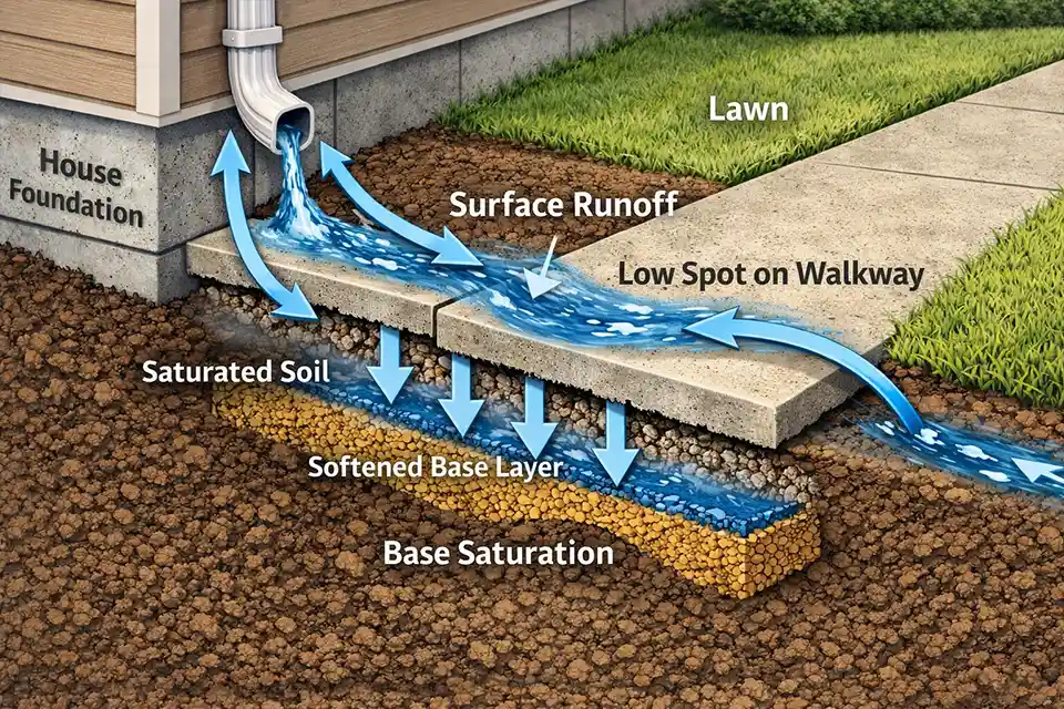 Diagram showing runoff from a home downspout flowing onto a walkway and saturating the base beneath it