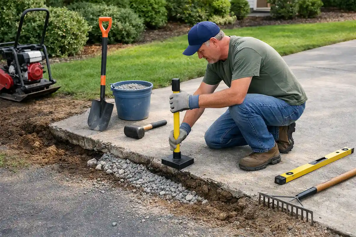 Homeowner repairing soil collapse along driveway edge using compacted gravel base
