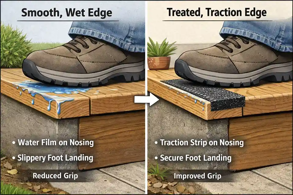 Diagram showing how water film and smooth nosings make outdoor stair edges slippery compared with a stair fitted with edge traction