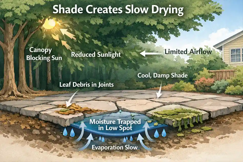 Diagram showing tree canopy reducing sunlight over a stone pathway, with leaf debris, trapped moisture, and biofilm forming in a shallow low spot