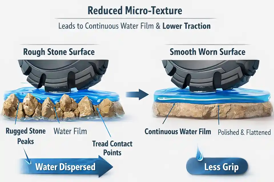 Diagram showing intact textured stone and traffic-polished stone with a smoother water film and reduced traction.