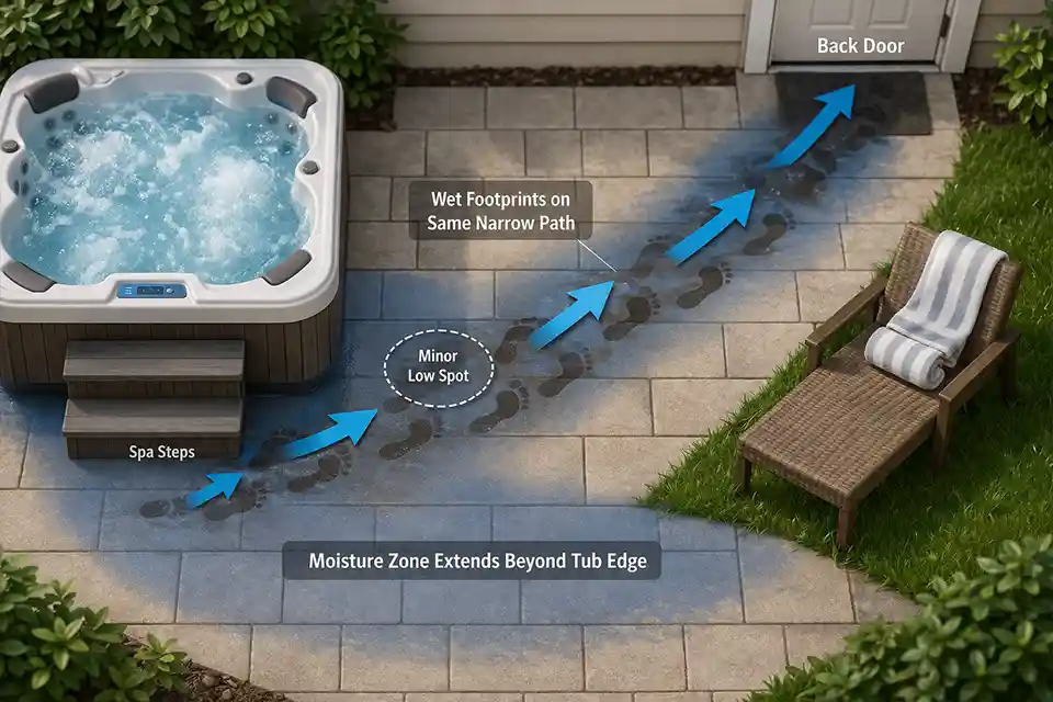 Top-down diagram showing repeated rewetting of the same hot tub walkway before it has time to dry
