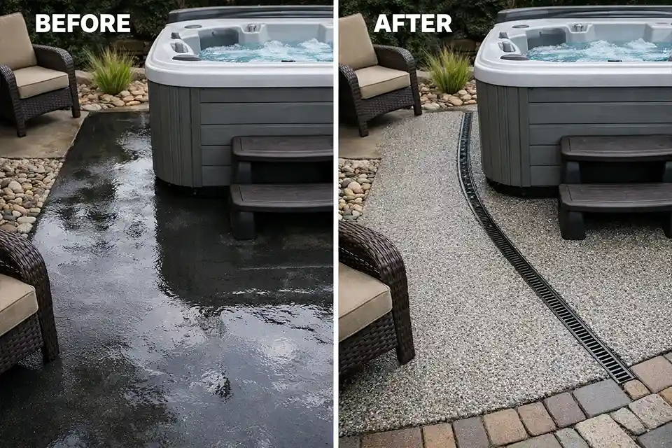 Before and after view of a hot tub access path showing a worn slippery lane replaced with a textured better-draining surface