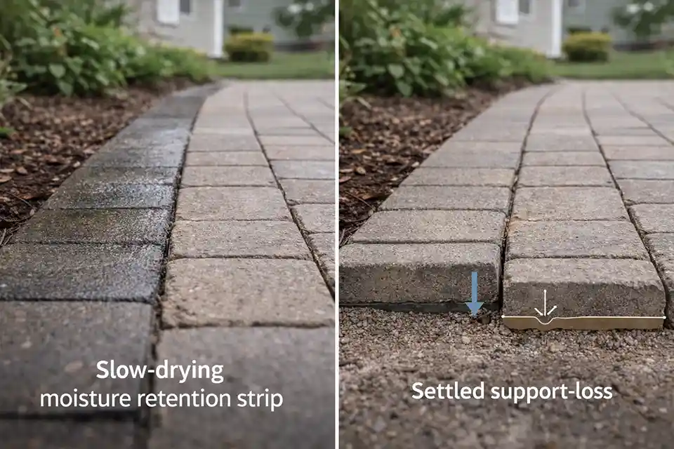Paver walkway edge comparison showing moisture retention on the left and support loss on the right.