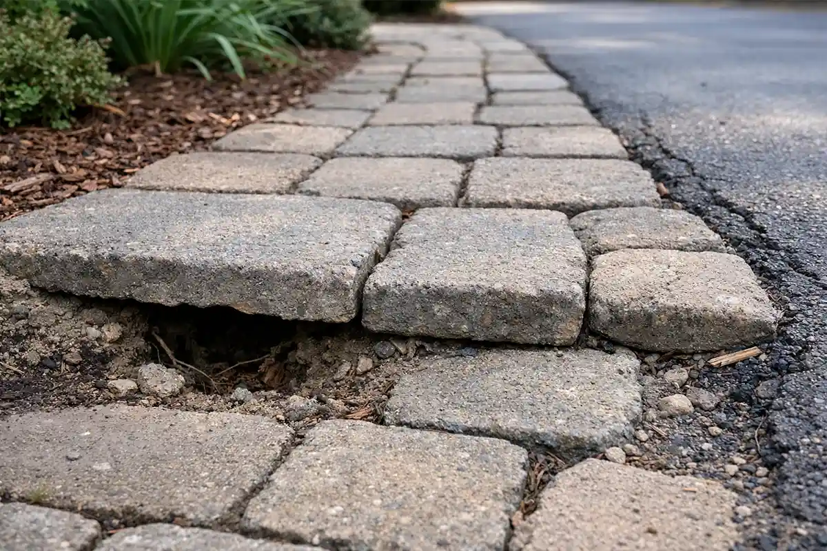 Uneven pavers near driveway caused by soil erosion under the walkway