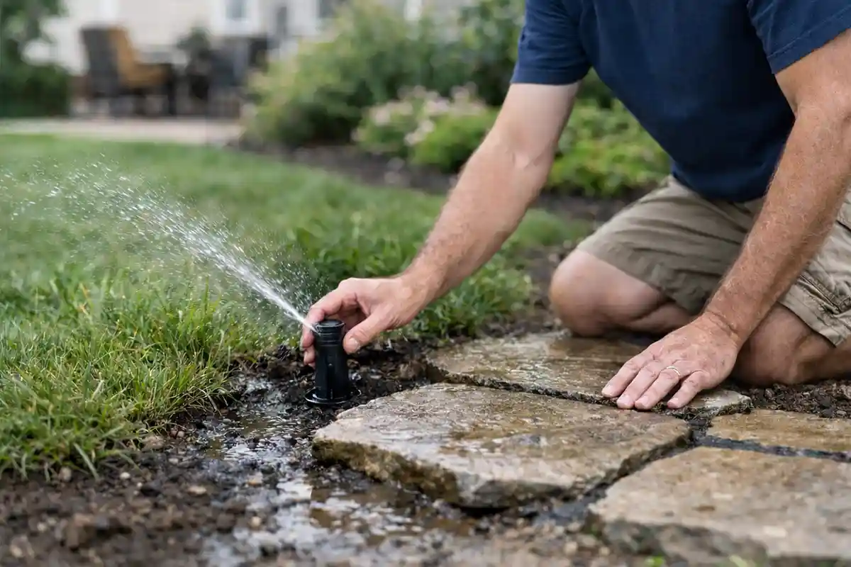 Adjusting lawn sprinkler to prevent oversaturation and uneven outdoor surfaces.