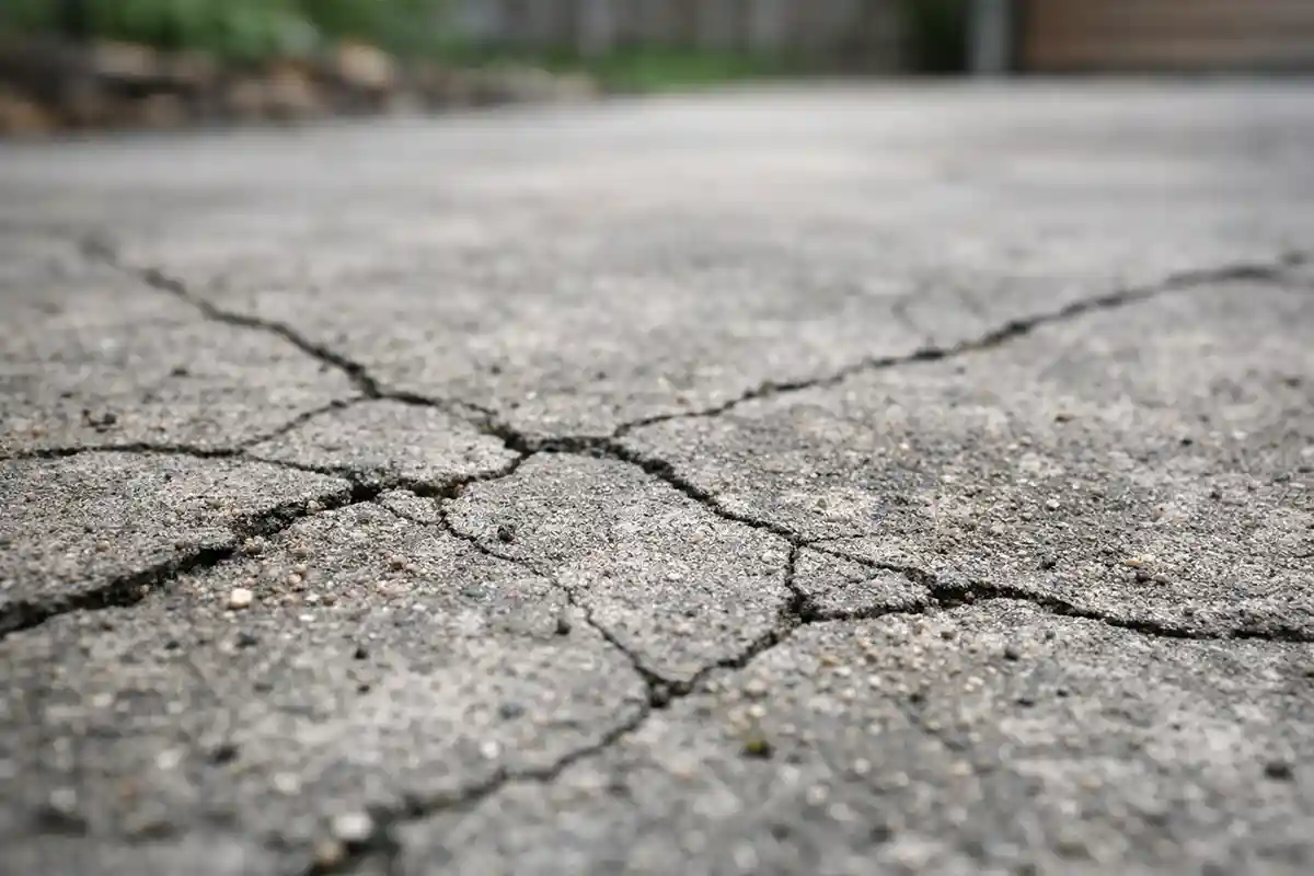 Micro cracks and fatigue forming on outdoor concrete surface due to debris abrasion.