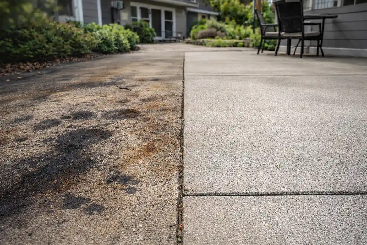 Comparison between heavily stained concrete driveway and a sealed clean section.