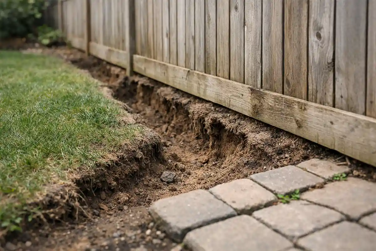 Backyard fence line erosion spreading toward nearby walkway and creating uneven ground.