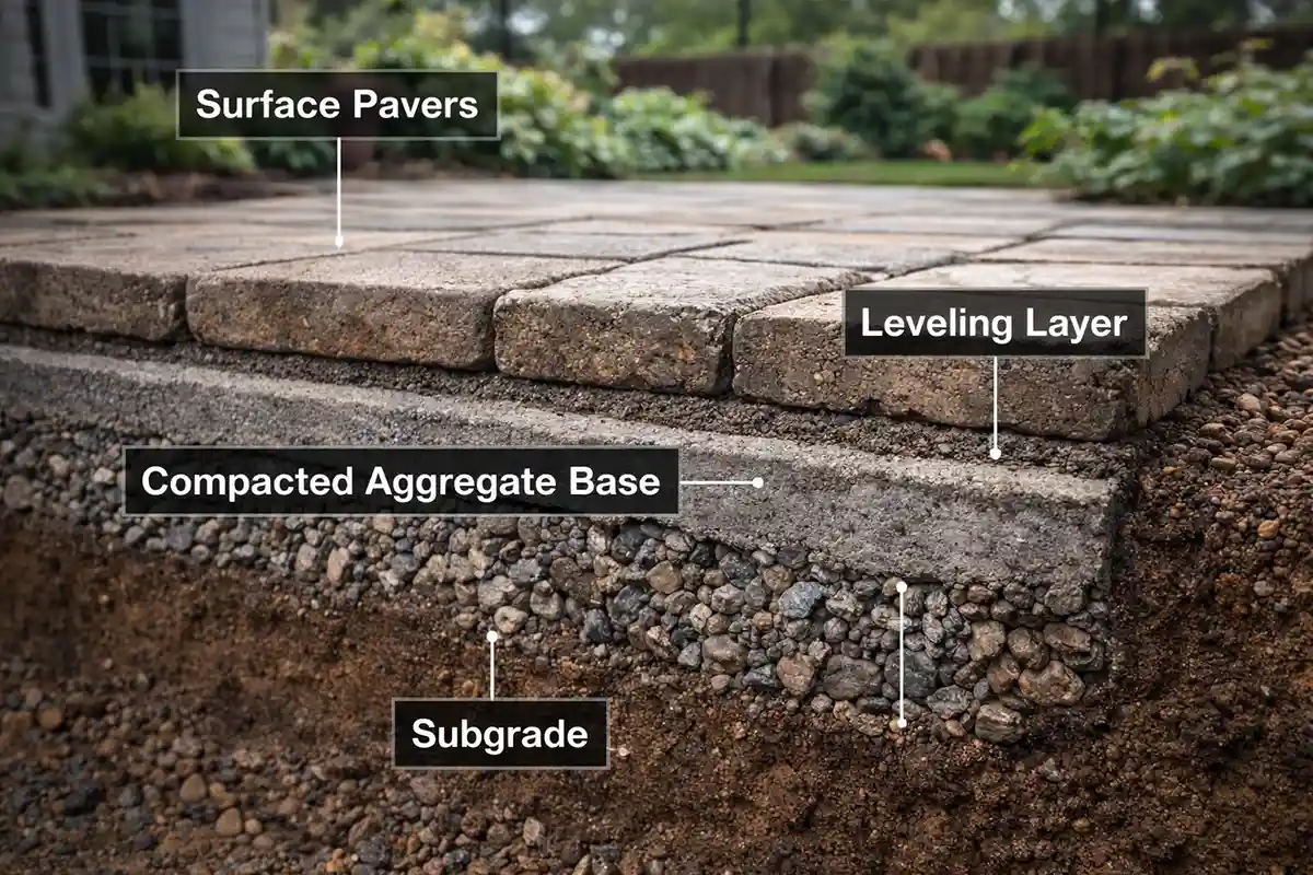 Cross-section of properly layered patio installation showing compacted subgrade and base layers.