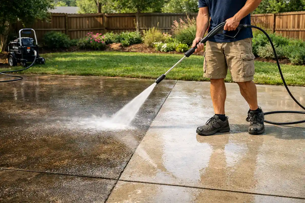 Pressure washing stained concrete patio to remove surface contamination.