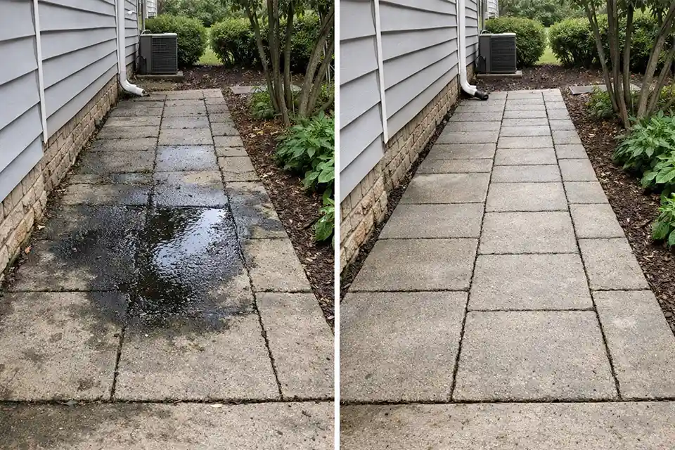 Before-and-after view of a slippery walkway repaired by redirecting runoff and resetting the low section.