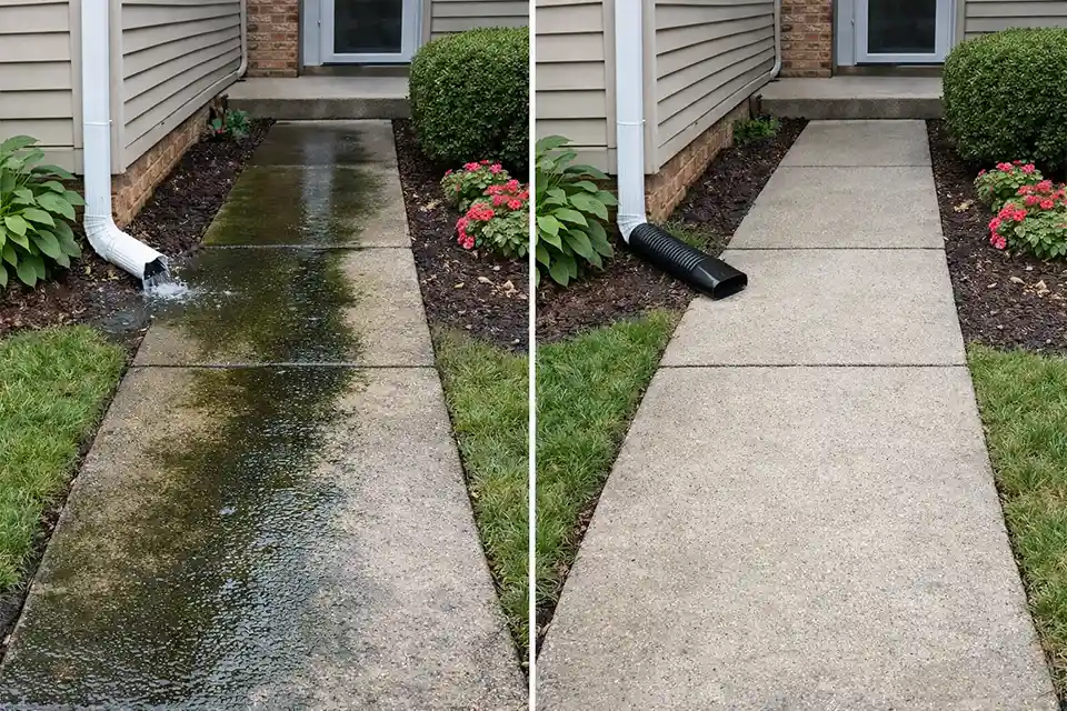 Side-by-side comparison of a slippery home walkway with poor drainage and the same walkway after downspout extension and drainage correction