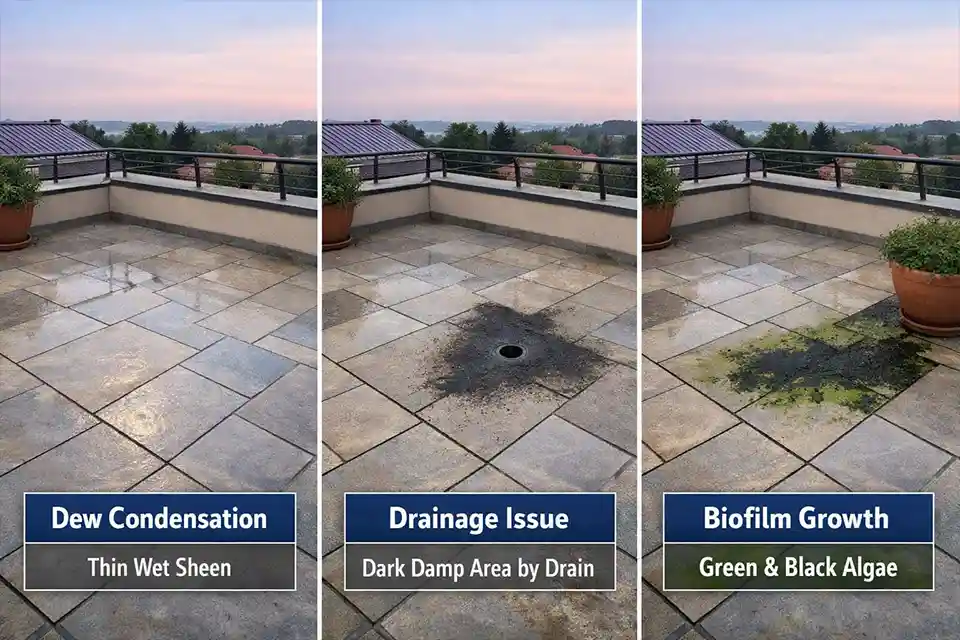 Three-way rooftop terrace comparison showing condensation sheen, localized drainage dampness, and algae or biofilm growth on stone