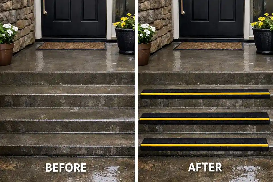 Before-and-after view of slippery outdoor stairs upgraded with anti-slip edge nosings for better grip and clearer step visibility