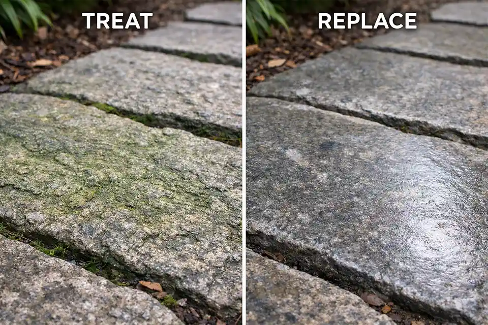 Comparison of textured stone with removable biofilm on one side and worn smooth glossy pathway stone on the other