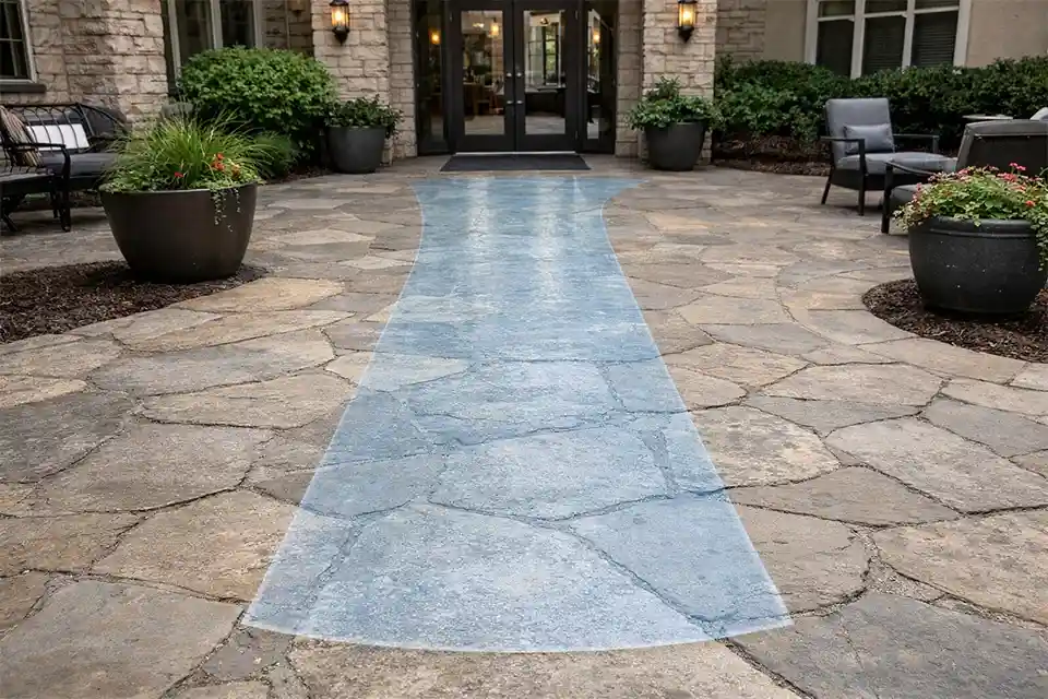 Stone courtyard with an overlay highlighting the polished main walking route that should be prioritized for repair.