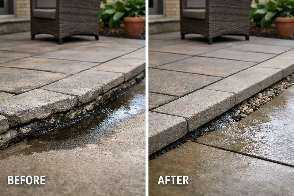 Before and after view of a patio edge showing a recurring patched low spot versus a rebuilt surface with corrected drainage