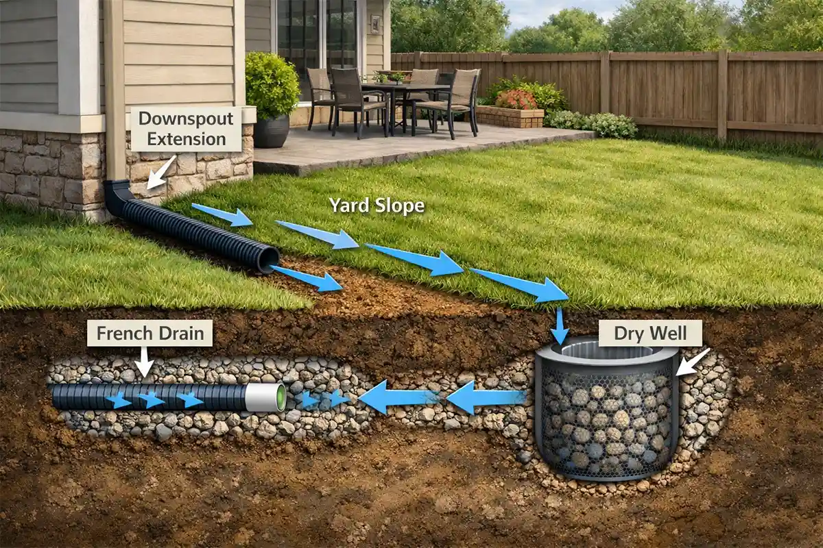 backyard drainage system diagram showing french drain and proper yard slope