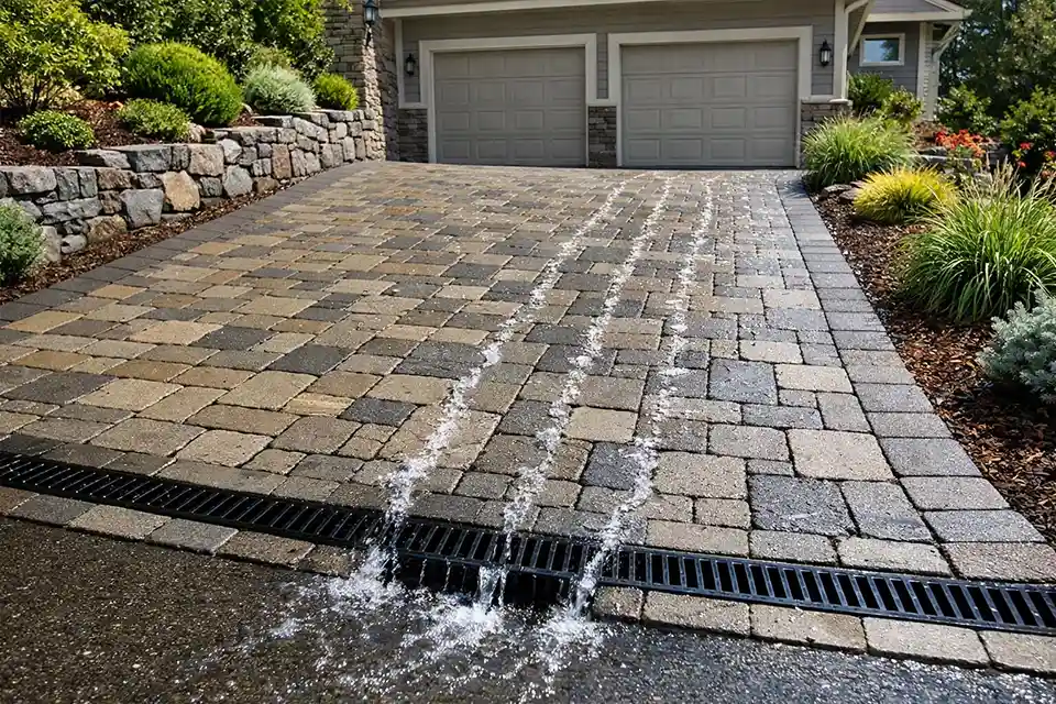 Steep driveway with trench drain and textured pavers improving traction and runoff control.