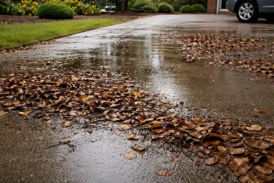 Wet leaves and dirt on driveway trapping moisture and accelerating outdoor surface wear.