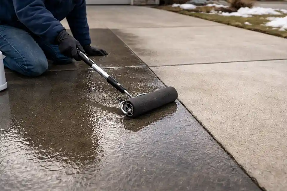 Applying penetrating concrete sealer to protect a driveway from freeze–thaw damage.