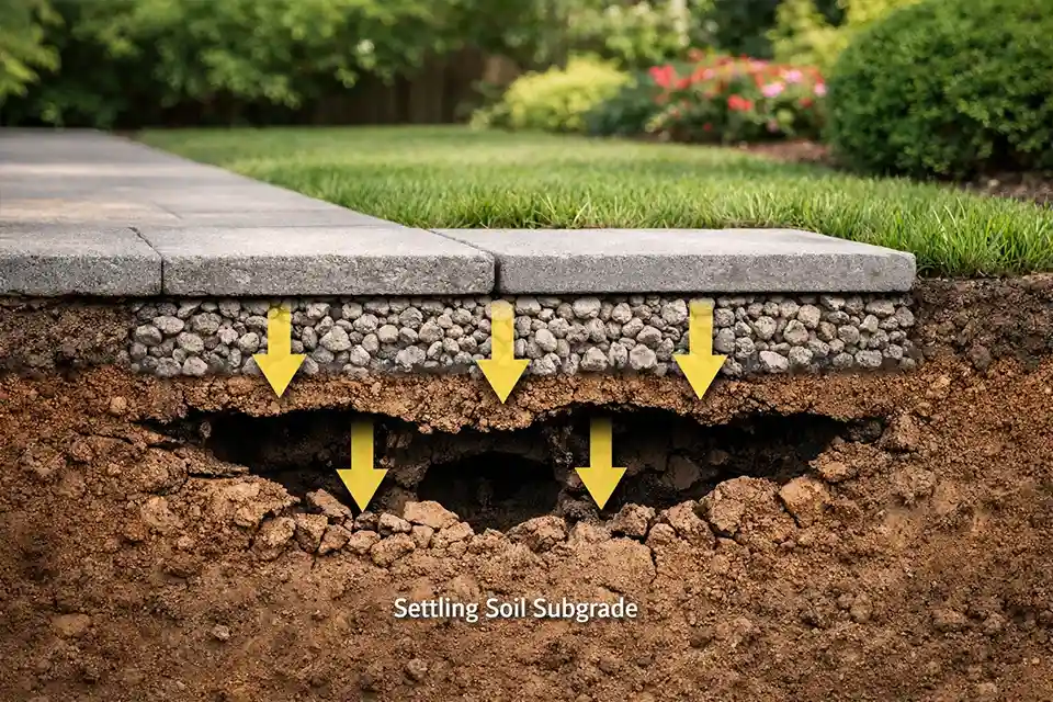 Diagram showing soil settlement beneath outdoor surfaces causing sinking and uneven walkways.