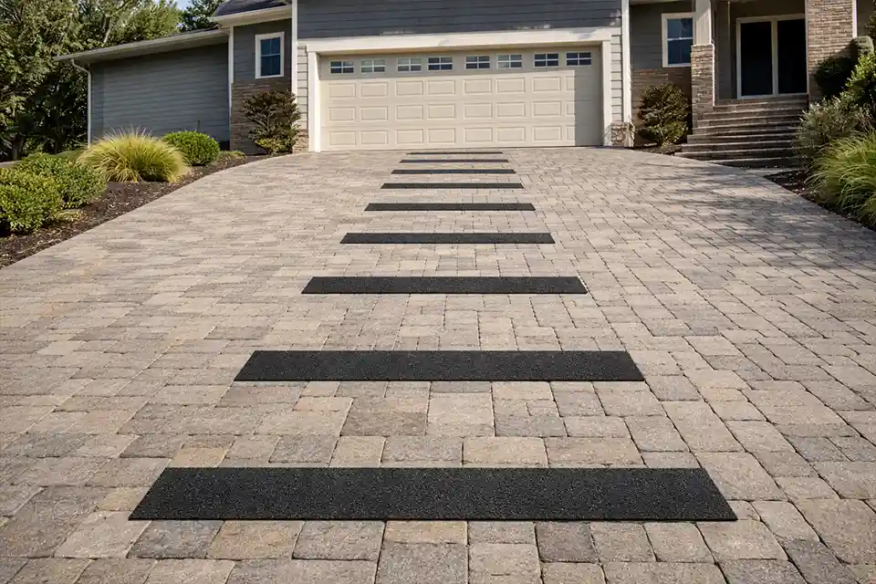 Anti-slip traction strips installed across steep driveway pavers to improve traction.
