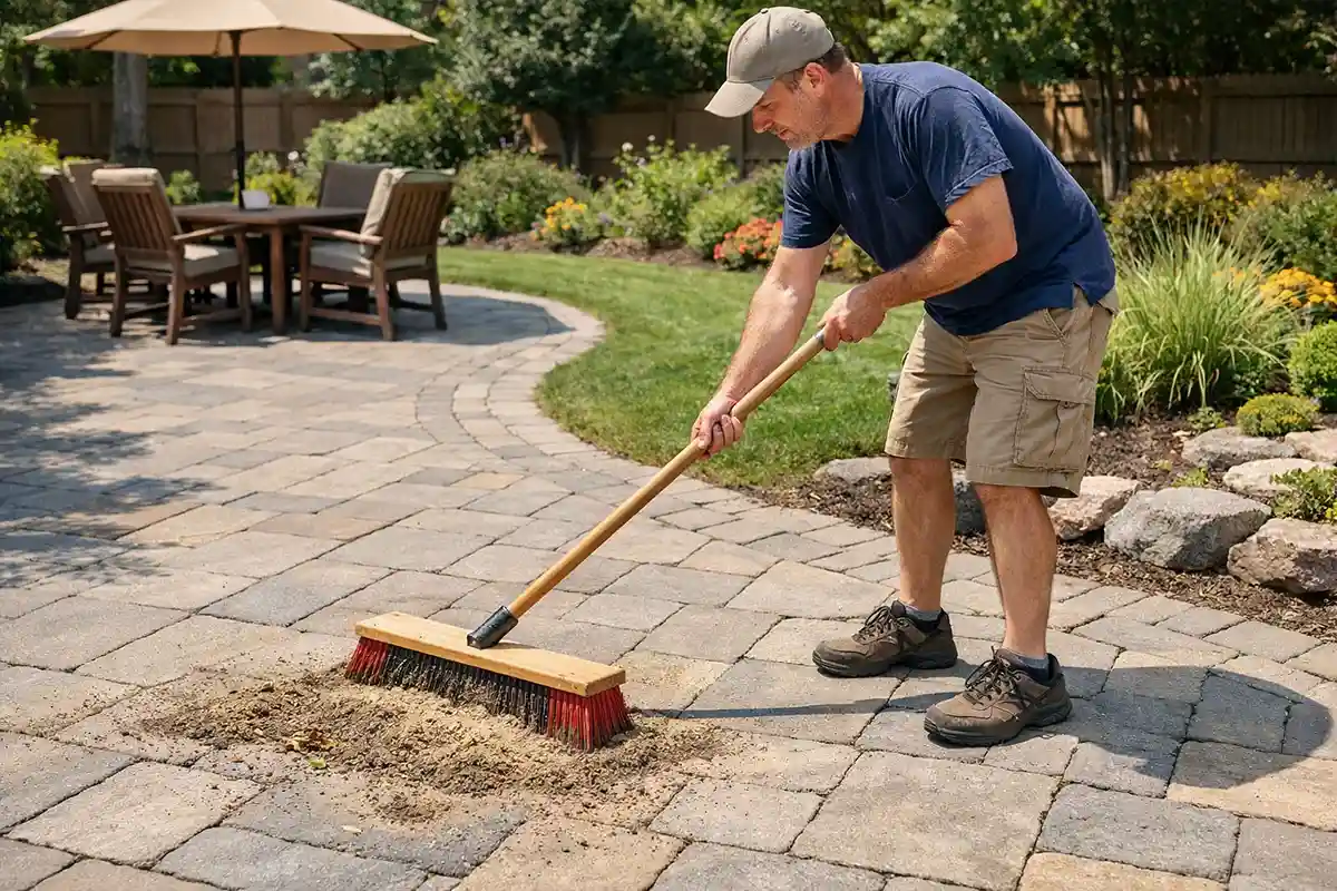 Sweeping dirt and debris from outdoor patio to prevent abrasive surface wear.