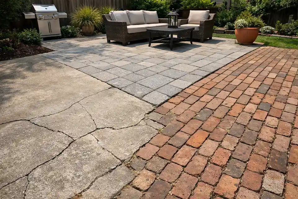 Comparison of different outdoor surface materials aging differently under weather exposure.