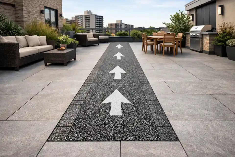 Rooftop stone terrace with an overlay highlighting a textured walking route added across smoother slippery stone