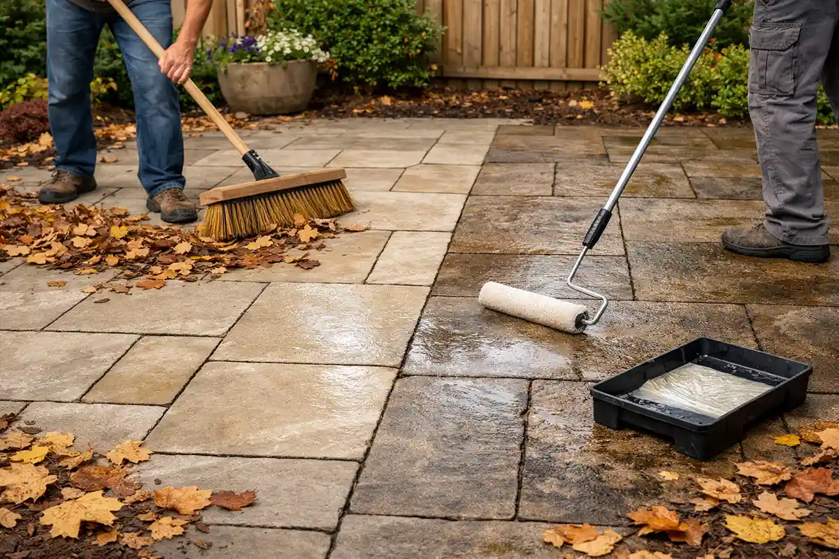 Applying protective sealer to outdoor patio pavers to prevent staining.