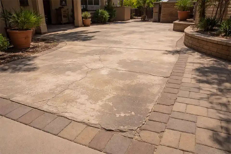 Sun-exposed outdoor patio surface showing heat-related breakdown with faded finish, hairline cracks, and widened joints