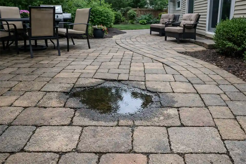 Older backyard patio and walkway with one visibly settled low section holding moisture while the surrounding surface remains intact.