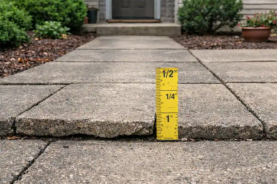 Outdoor walkway with normal surface wear on flat sections and a hazardous raised paver edge creating a measurable trip risk
